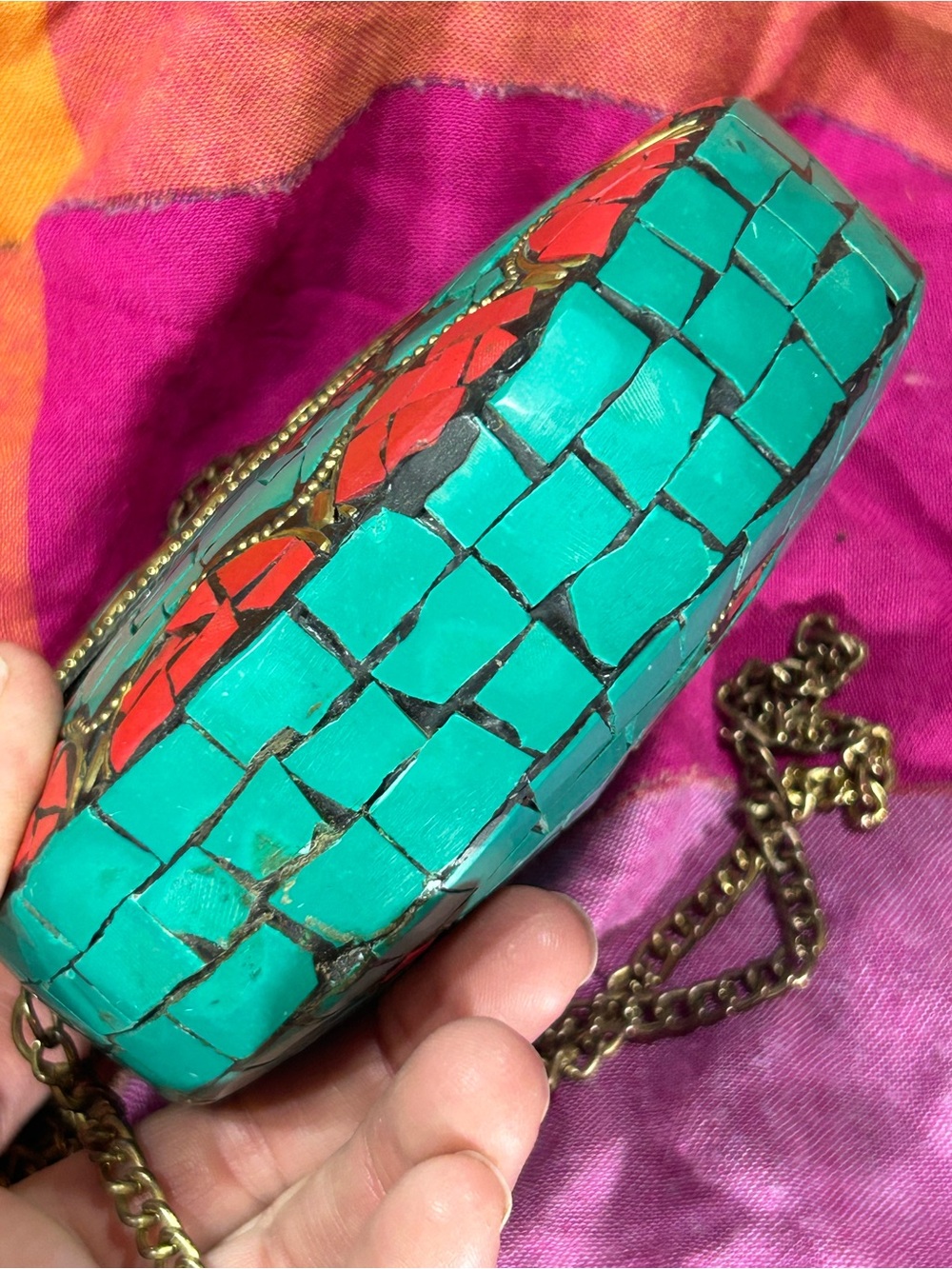Vintage Turquoise & Red Mosaic Crossbody Tibetan Bag - Picture 8 of 12